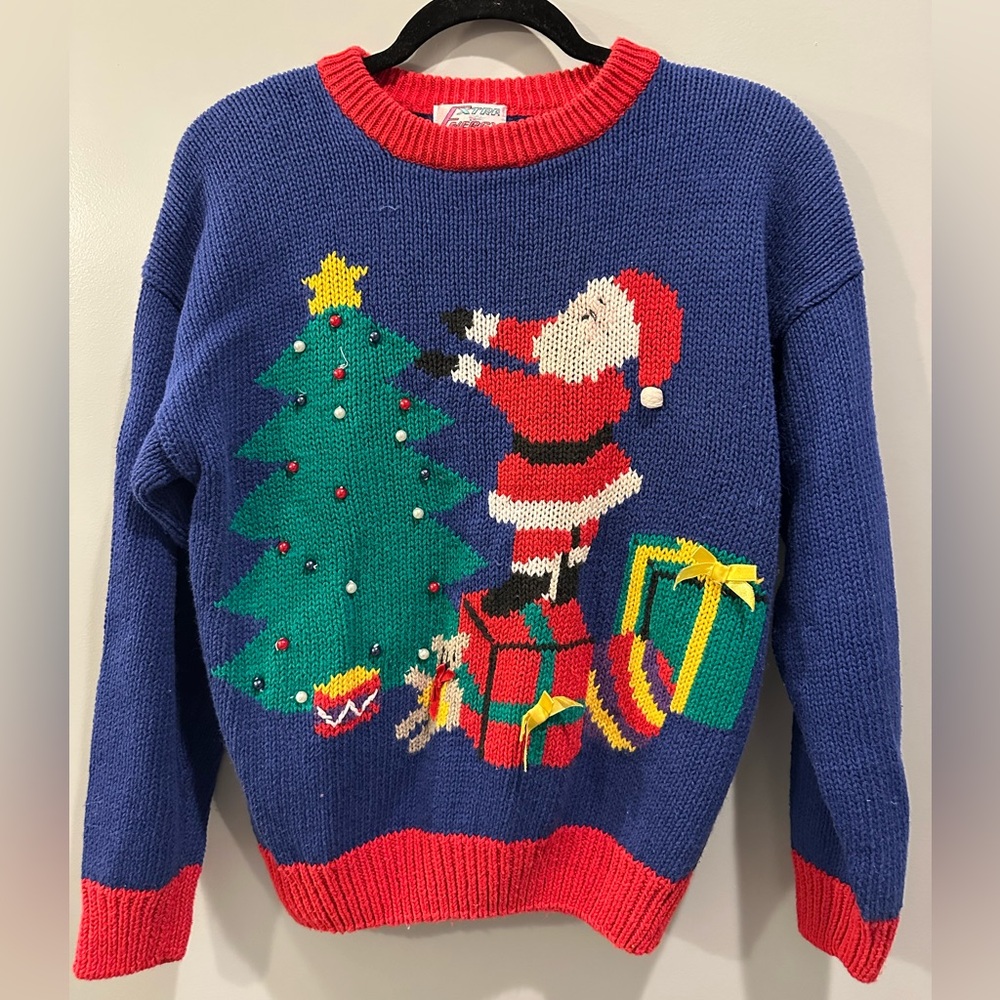 Extra Energy Vintage Embellished Bow Tacky Christmas Sweater Size M Blue Multi